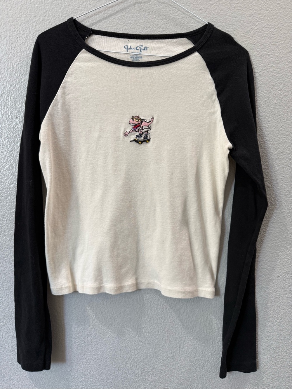 John Galt Raglan Long Sleeve Embroidered Dinosaur Skate Tee Y2K One Size - Picture 2 of 5